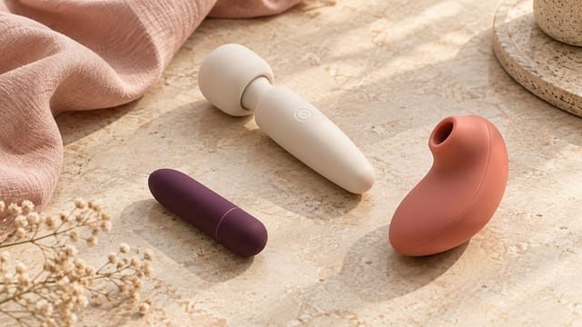 A plum bullet vibrator, ivory compact wand and coral air-pulse device arranged on warm stone beside blush linen.